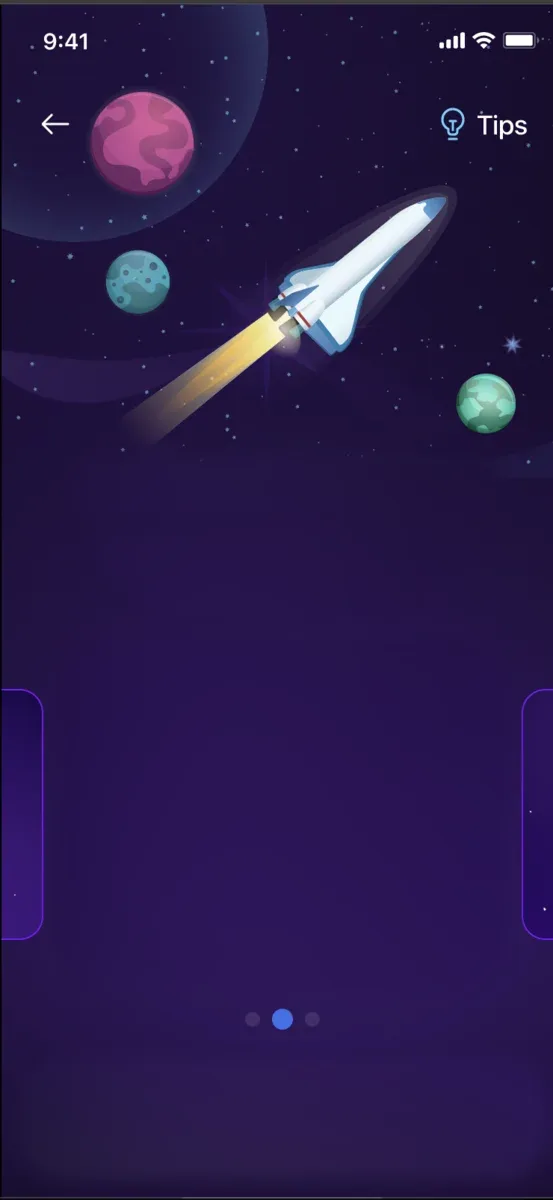 Curiosity App challenge selection with an animated difficulty card