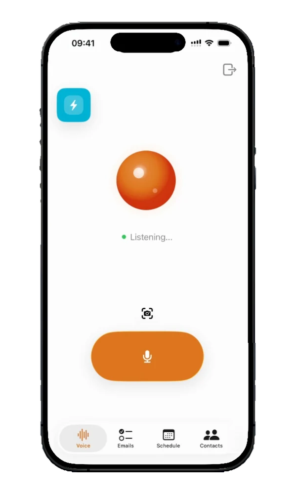 Jevi processing a voice request, sending a draft, and confirming Sent inside the full phone frame