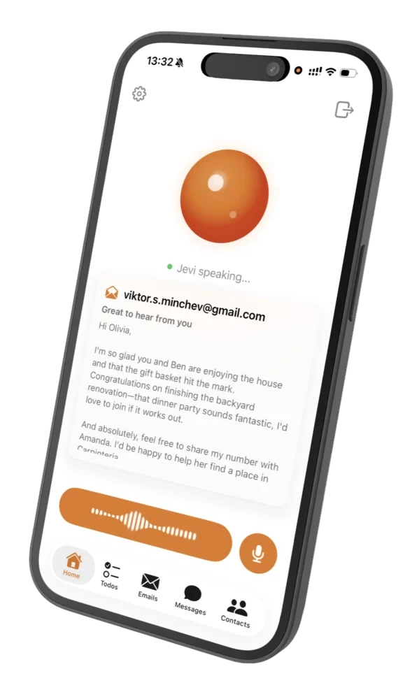 Jevi’s earlier phone preview with an animated speaking orb and voice waveform
