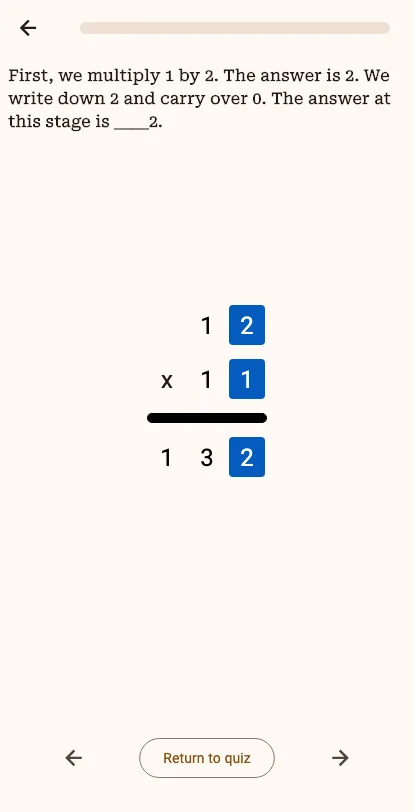 Precisely Math explaining 12 times 11 equals 132 with highlighted digits and step-by-step navigation